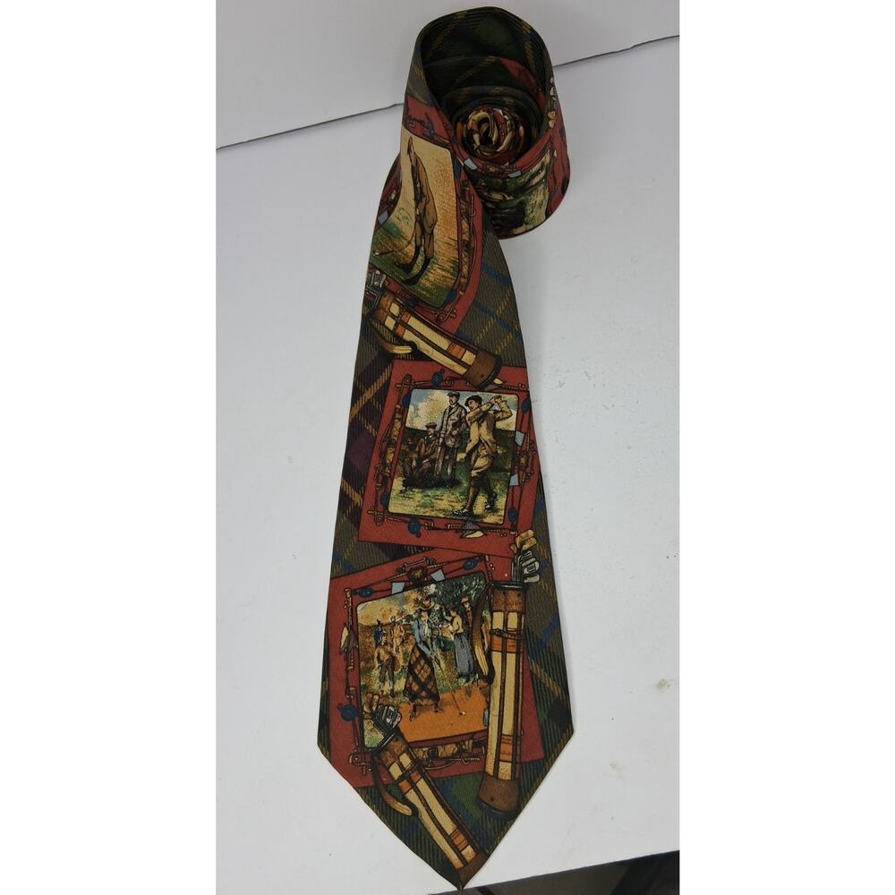 VINTAGE Polo Ralph Lauren Golf Scene 100% Silk Handmade Neck tie RARE